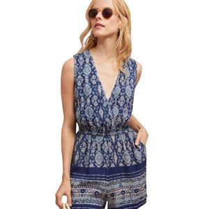 RAGA Anthropologie Oceania Blue Ikat Sleeveless V-Neck Boho Romper Jumpsuit